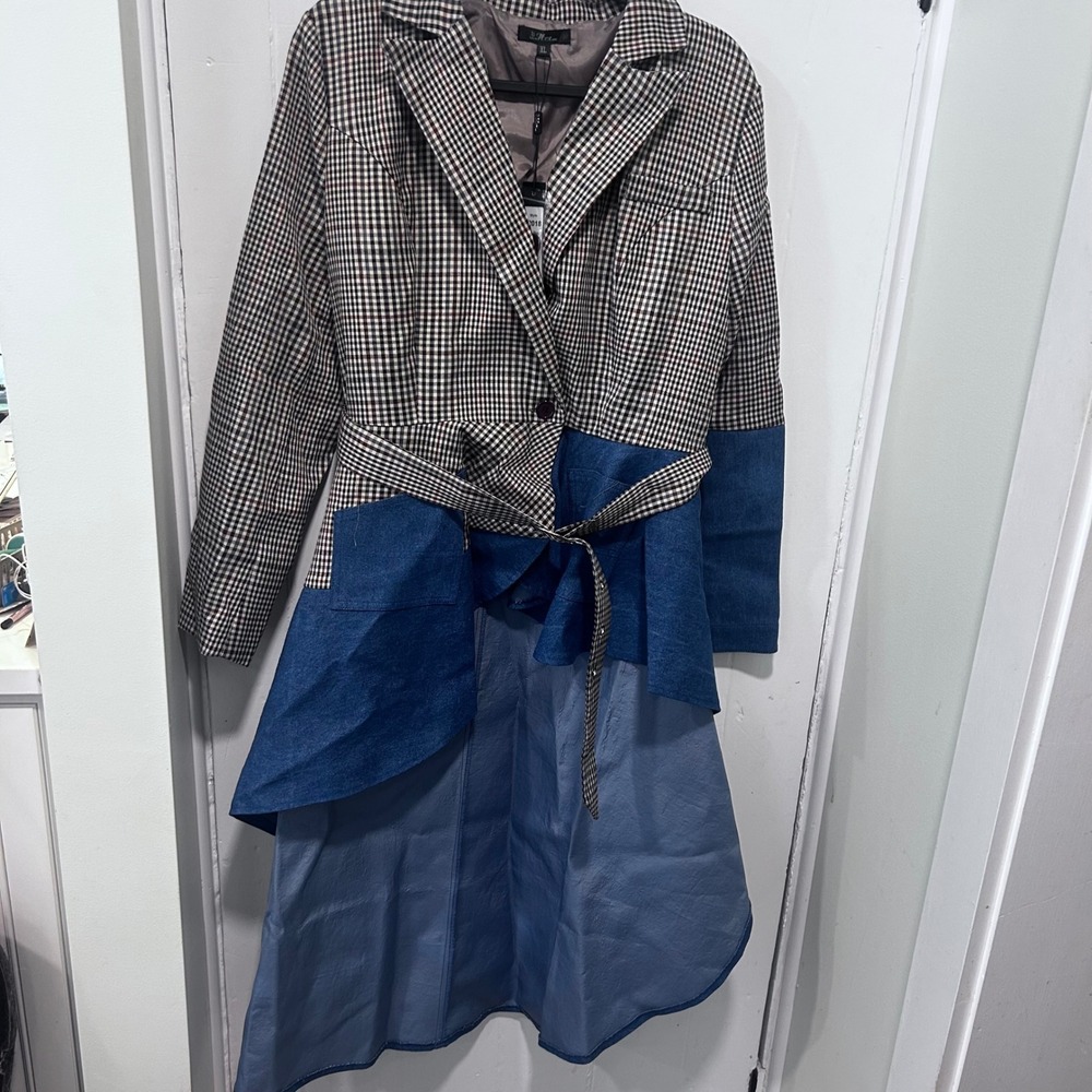 New Plaid and Denim Mixed Media Asymmetrical Trench Coat XL 82018